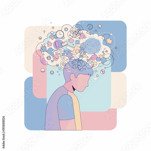 A detailed vector icon sheet featuring various stress and overthinking icons, depicting a cluttered mind with jumbled thoughts, ideal for mental health discussions and illustrative vector sheets