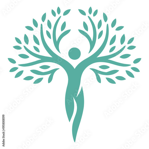 A stylized teal logo design featuring a human figure merging with tree branches and green leaves