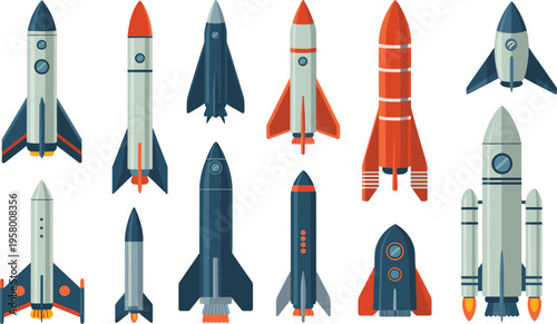 Colorful rocket collection set, space launch vehicles and missile shapes in flat cartoon style, aerospace technology illustration isolated background