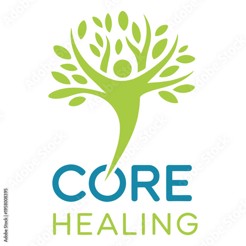 A minimalist logo design featuring a stylized human figure merging with a tree for core healing