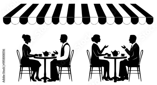 Elegant outdoor cafe silhouettes: People dining under striped awning in retro style. Design for restaurant menus, European travel brochures, or interior wall decals. Transparent SVG version.