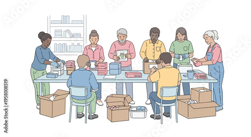 Diverse group of people working together packing boxes.