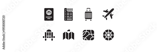 Travel and vacation icons featuring passport, ticket, suitcase, airplane, and map for journey planning and global exploration adventures