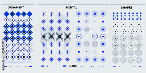 Abstract geometric patterns with blue and grayscale color schemes displayed