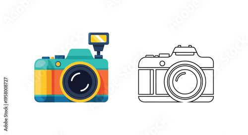 Colorful camera illustration paired with its black outline silhouette