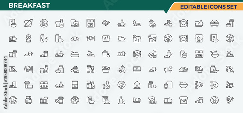 Breakfast vector line icon set. Meal line icon set. Minimal icons set. Included meal, drink, tea, croissant and more. Editable stroke. Vector illustration.