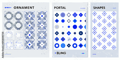 Three mobile screen designs featuring abstract blue and white patterns