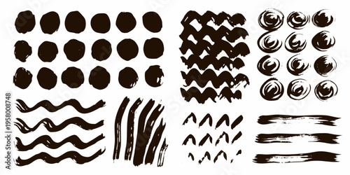 Abstract black brushstrokes and patterns arranged in a grid format