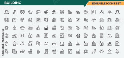 Building line icon set. Real Estate icon set. Contain linear symbols villa, town, house, build, construction, office, residential and more. Editable stroke. Pixel Perfect.