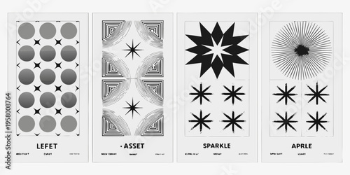 Four abstract vertical panels with geometric black and white designs