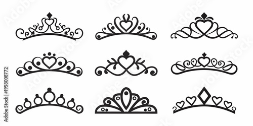 Collection of ornate black tiaras and crowns in various designs