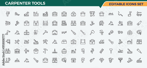 Carpenter Tools line icon set. Carpentry icon set. Set of line pictogram. Pack of tool, wood craft, carpentry, craft and more. Pictogram and infographic.