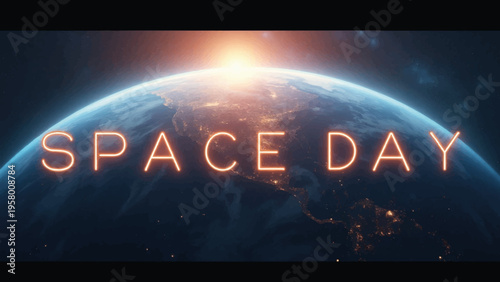 Space Day neon sign vector banner with Earth and sun