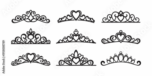 Collection of ornate black crowns and tiaras in various designs