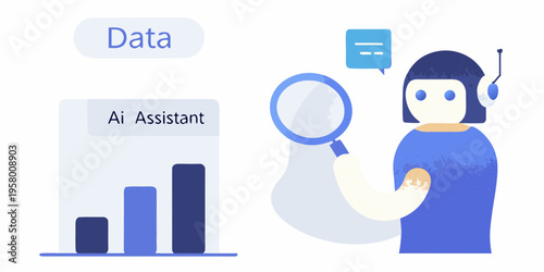 An ai assistant analyzes data with a magnifying glass and charts