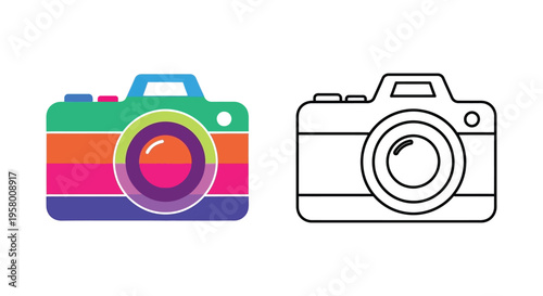 Colorful camera illustration paired with its black outline silhouette