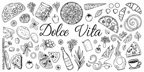 Hand drawn illustration of various italian foods and decorative elements