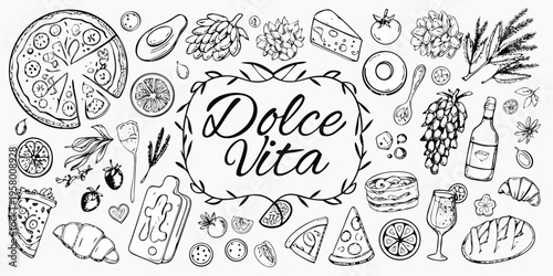 Hand drawn illustration of various foods and a dolce vita inscription