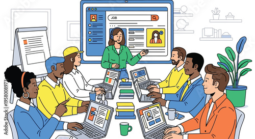 Diverse group of professionals attending a business meeting presentation.