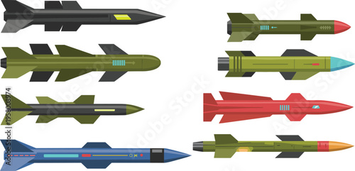 Modern missiles set in flat style, military rockets and guided weapons collection, defense technology illustration isolated on light background