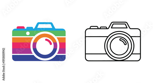 Colorful and outlined camera icons presented side by side silhouette