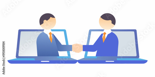 Virtual handshake between two business professionals on laptop screens