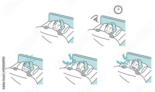シニア女性の睡眠に関するイラストセット（安眠・不眠・いびき・歯ぎしり等）