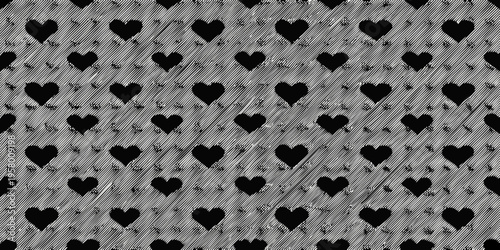 A grayscale pattern of repeating heart shapes on a textured background