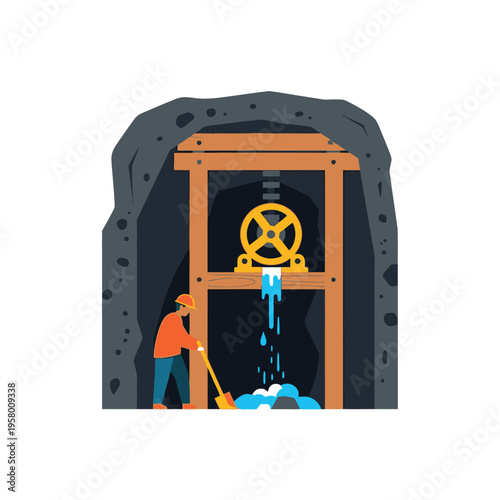 Miner Working at Mine Entrance with Water Wheel.