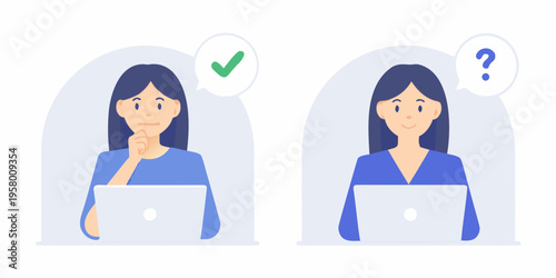 Woman contemplating choices with a checkmark and question mark above