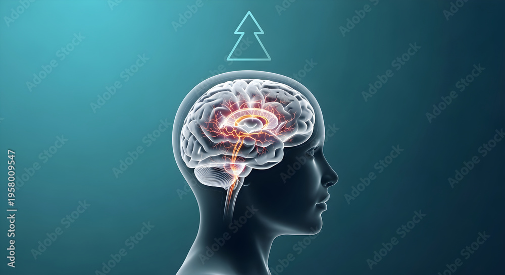 Obraz premium Human head profile with glowing brain and triangular symbol above