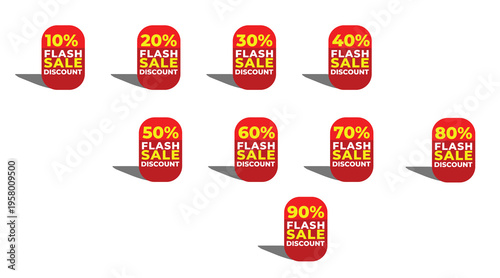 Red Discount Sale Badges Set 10% to 90% Off Promotional Price Stickers Collection