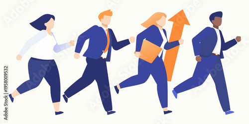 Diverse business team running forward with an upward pointing arrow