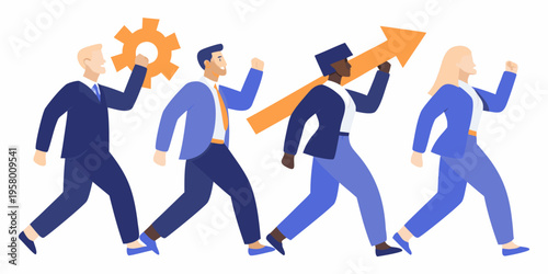 Diverse team collaboratively pushing a large orange arrow forward