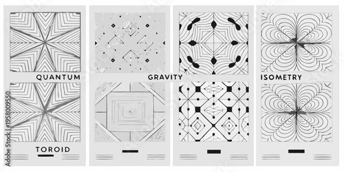A collection of six black and white geometric patterned squares with text