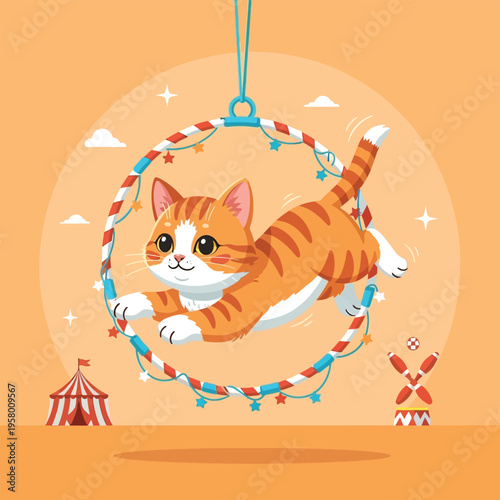 Cute orange tabby cat performs aerial acrobatics on a hoop.