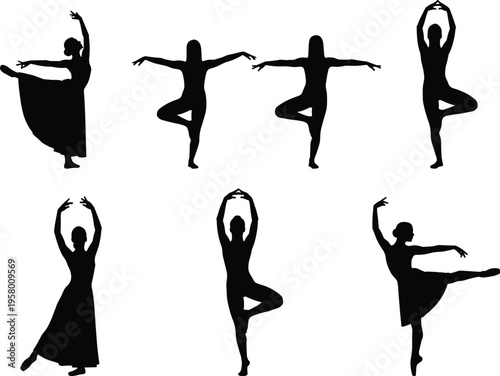 Silhouette illustration of seven ballet dancers in classical poses showcasing elegance, movement, and artistic expression for dance and performance themes