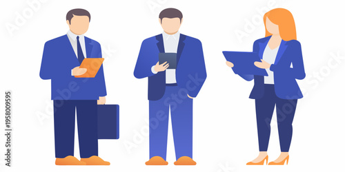 Three business professionals standing together in a flat vector illustration
