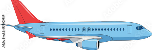 Light Blue Commercial Airplane Vector Illustration with Red Tail Fin Isolated on White Background for Aviation Travel Tourism International Flight and Transport Industry SEO