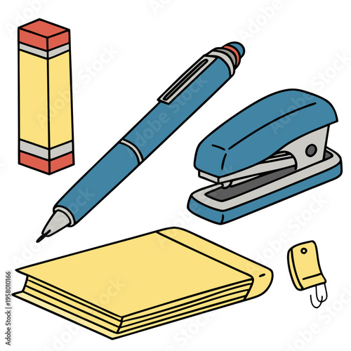 A blue pen, a blue stapler, a yellow notepad, a pencil and an eraser