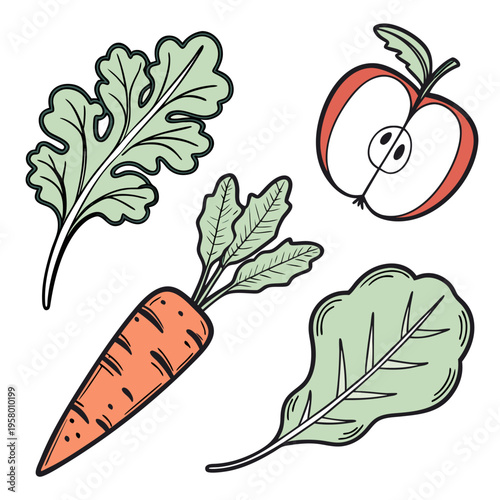 A cartoon carrot with leaves and an apple and two leafy greens