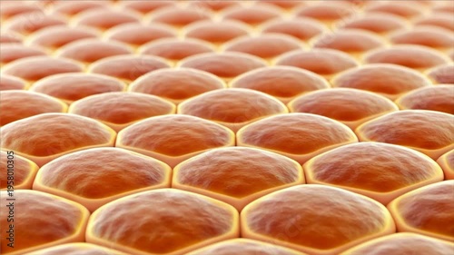 Subcutaneous fat layer cells form honeycomb pattern with smooth surface warm orange color creating soft natural biological texture and protective
