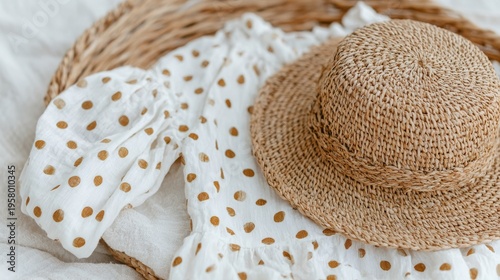Close-up flat lay of a white dress with gold polka dots and a straw hat in a wicker basket. Natural, rustic summer aesthetic with soft textures and neutral tones.