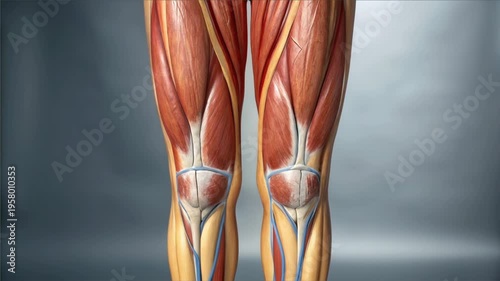 Leg and thigh muscle anatomy showing detailed muscle structure with subcutaneous fat layer beneath skin for educational medical study