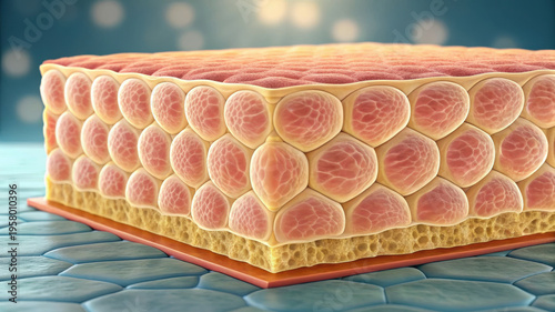 Subcutaneous fat layer illustration shows detailed structure of fat cells beneath skin tissue in 3D medical concept with soft lighting and texture