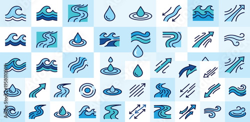 Set of blue and aqua water wave and droplet icons and illustrations