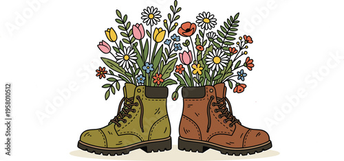 An artistic representation of two boots sprouting vibrant wildflowers, symbolizing nature's resilience and growth from unexpected places