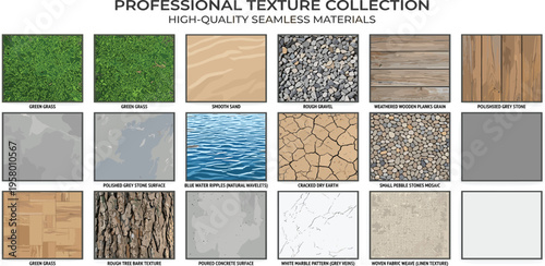 High-quality collection of diverse seamless textures for digital design projects, featuring natural and artificial materials like wood, stone, water, grass, and concrete, perfect for backgrounds