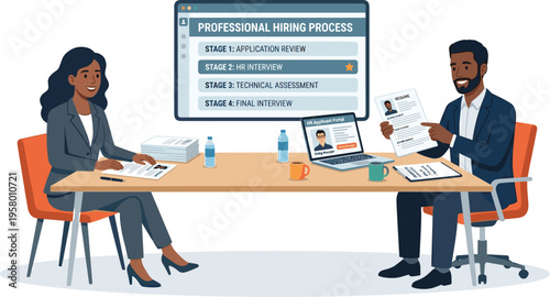 Professional hiring process interview with recruiter and candidate reviewing resume, application stages, and evaluation steps in modern corporate office setting