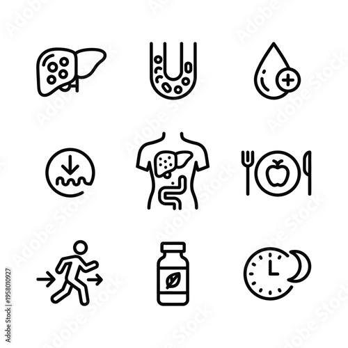 Medical health icons representing liver health and wellness lifestyle.